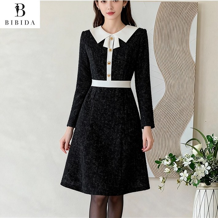 비비디아 여성용 리본 카라 트위드 미디 원피스 데이트룩 하객룩 데일리룩 5585