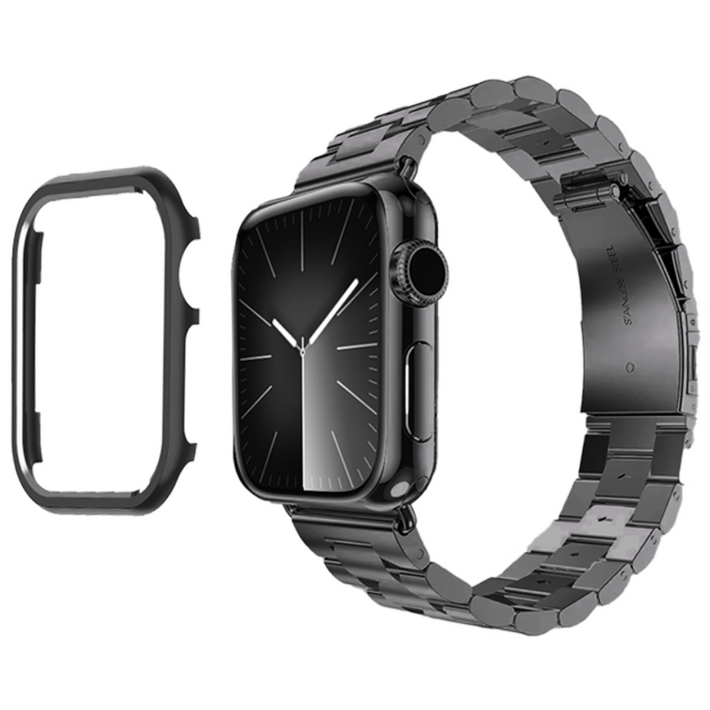 아이메이드잇 애플워치 호환 프리미엄 메탈 스트랩 밴드  케이스 세트, 블랙, 1개