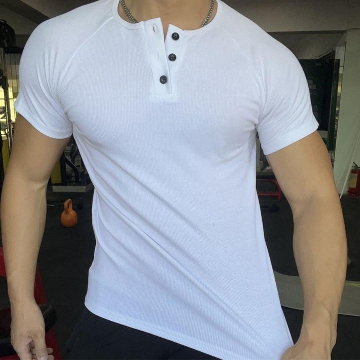 MDIVGYM 남성 헨리넥 머슬핏 골지 반팔 코튼 티셔츠