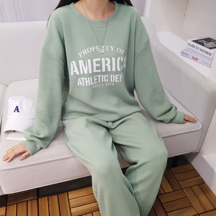 상상그이상 여성용 국내제작 아메리카 세트 와플소재 레터링 크랙 티셔츠 밴딩 일자 팬츠 간절기 트레이닝 세트