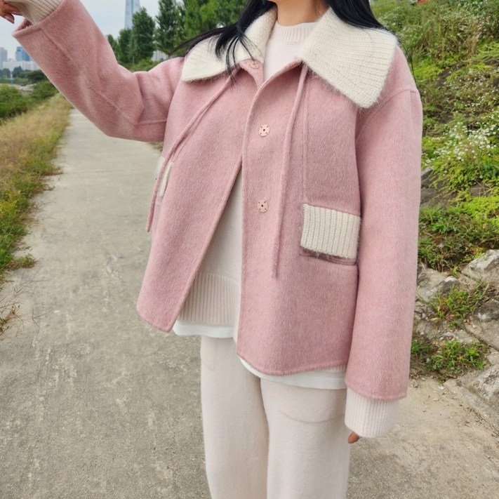 울자켓 여성 겨울 숏코트 니트 카라 탈부착 핸드메이드