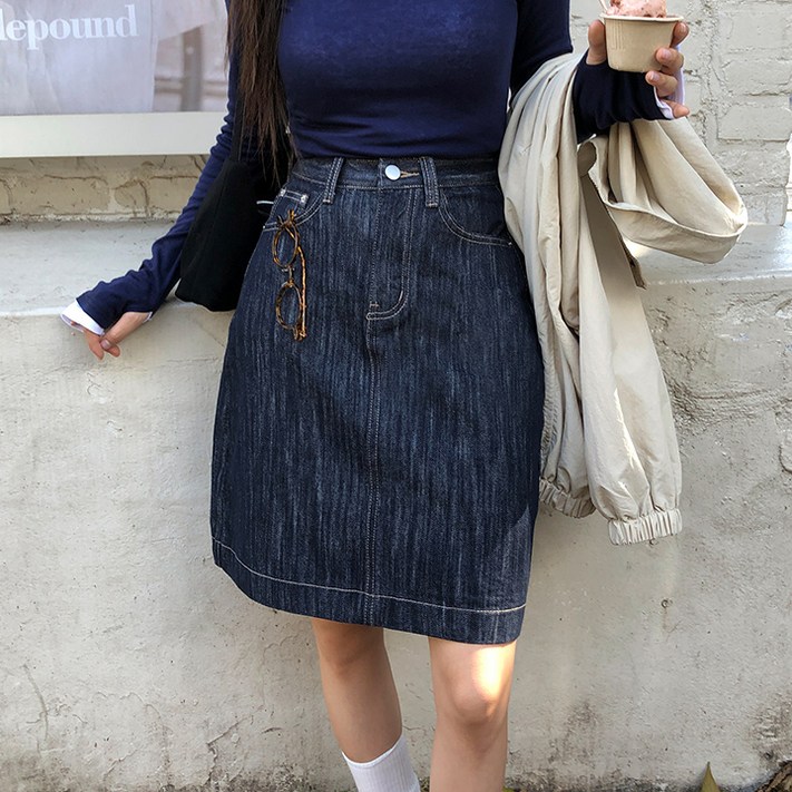 made4size 바잉몰 여성 진저 A라인 생지 슬라브 데님 미디 스커트 2color