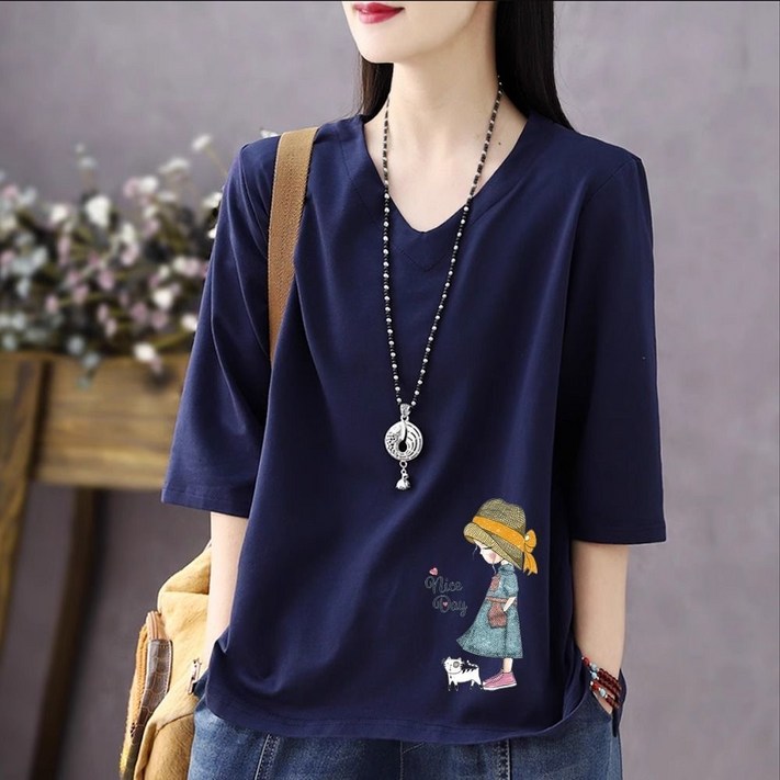 COSYEVNO 중년 여성 여름 빅사이즈 패션 루즈핏 브이넥 프린트 7부 소매 상의 엄마옷