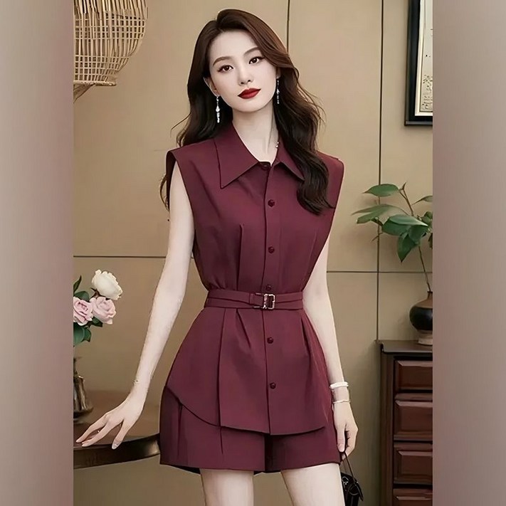 녕동 여성 민소매 셔츠반바지 투피스 루즈핏 오피스룩 블라우스 남방 4부 와이드 팬츠 세트