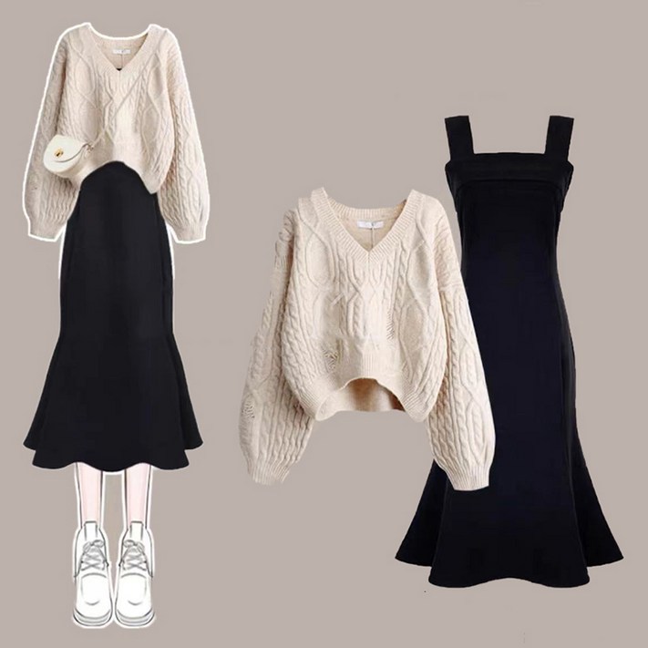 FANSYLI 가을 겨울 원피스 세트 트렌디한 루즈핏 브이넥 니트 나시 슬림 머메이드 스커트 투피스 고급 하객룩 원피스 세트 X2407J31