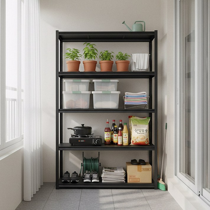 체인지업 5단 철제선반 주방 수납장 전자레인지 선반 베란다선반 조립식 다용도 정리 수납 진열, 5단, 검정