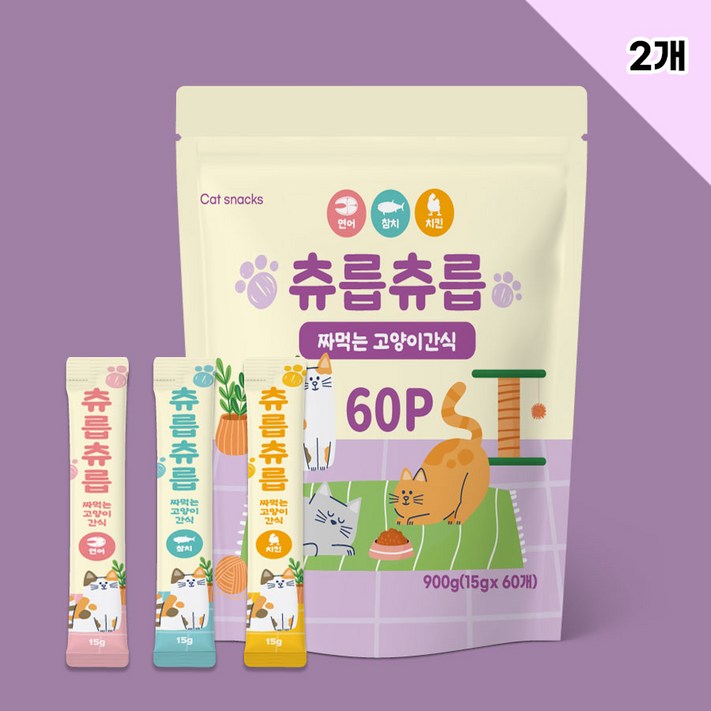 츄릅츄릅 짜먹는 츄르 고양이간식 60스틱 혼합팩 헤어볼케어, 2개, 연어치킨참치, 15g, 120개