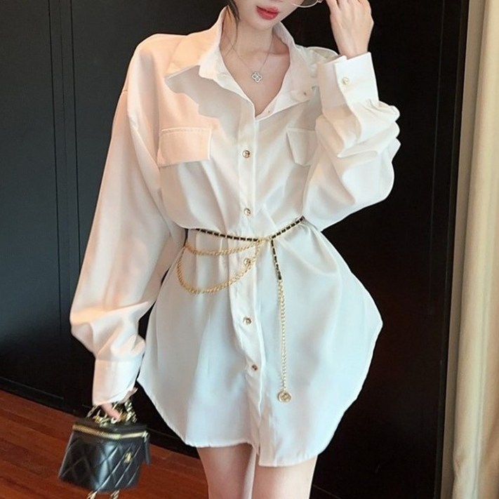 글램디브 올비온 루즈핏 체인 카라 셔츠 원피스 AB1748