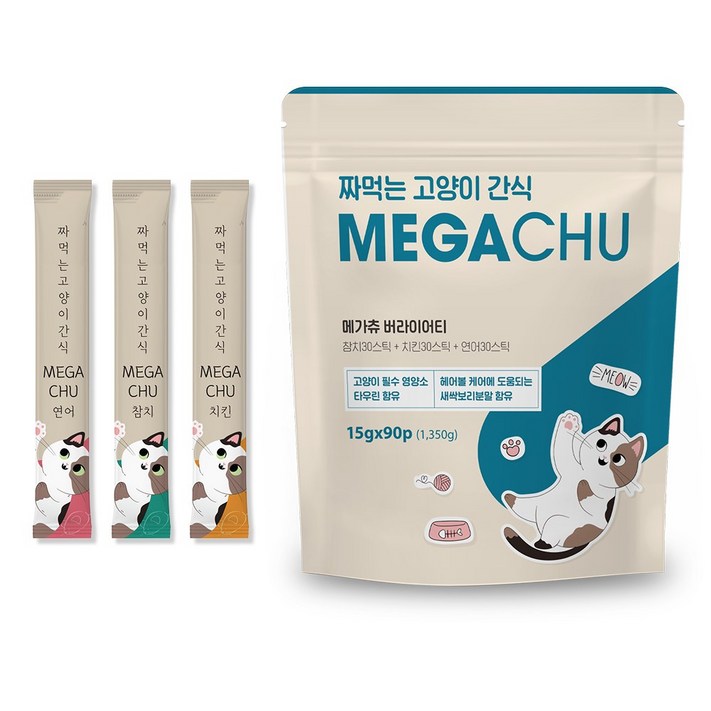 메가츄 짜먹는 츄르 고양이간식 90스틱 대용량, 연어30P치킨30P참치30P, 15g, 90개 메가츄 짜먹는 츄르 고양이간식 90스틱 대용량, 연어30P치킨30P참치30P, 15g, 90개