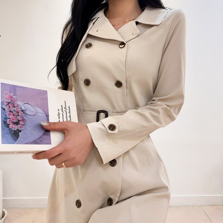 투디 어깨 견장 더블버튼 트렌치 벨트 롱원피스 하객룩, 3컬러