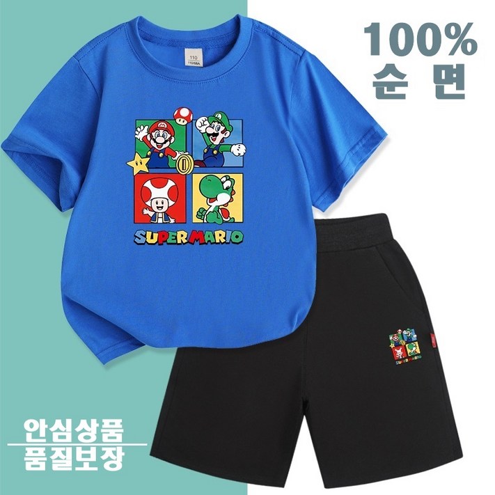 100 순면 여름 어린이 반팔 반바지 슈퍼마리오 캐릭터 트레이닝복 상하세트 투피스