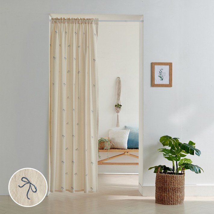 워싱 광목 리본자수 봉집형 가리개 커튼