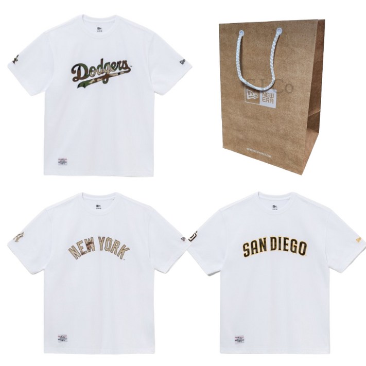 백화점판 뉴에라 MLB 카모 패턴 로고 반팔 오버핏 티셔츠  쇼핑백