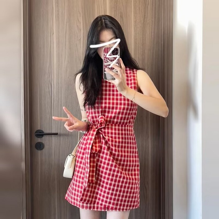 천하오 여름 여성 민소매 체크 미니 원피스 L40