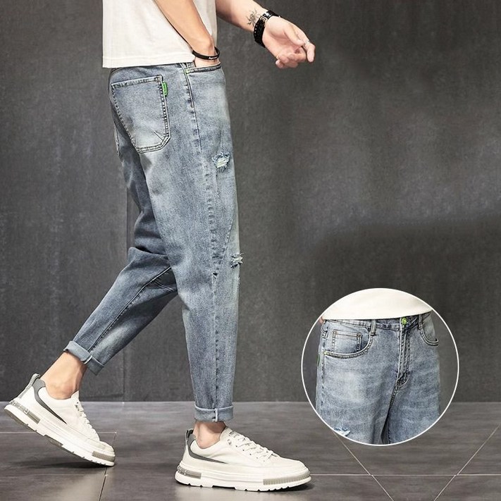 봄 가을 남자 슬림 슬랙스 바지 남성 트렌디 찢어진 디자인 슬림핏 배기 팬츠 데님 캐주얼 바지 CBB
