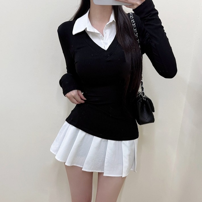 VANANA2 일체형셔츠 레이어드 배색 카라 원피스