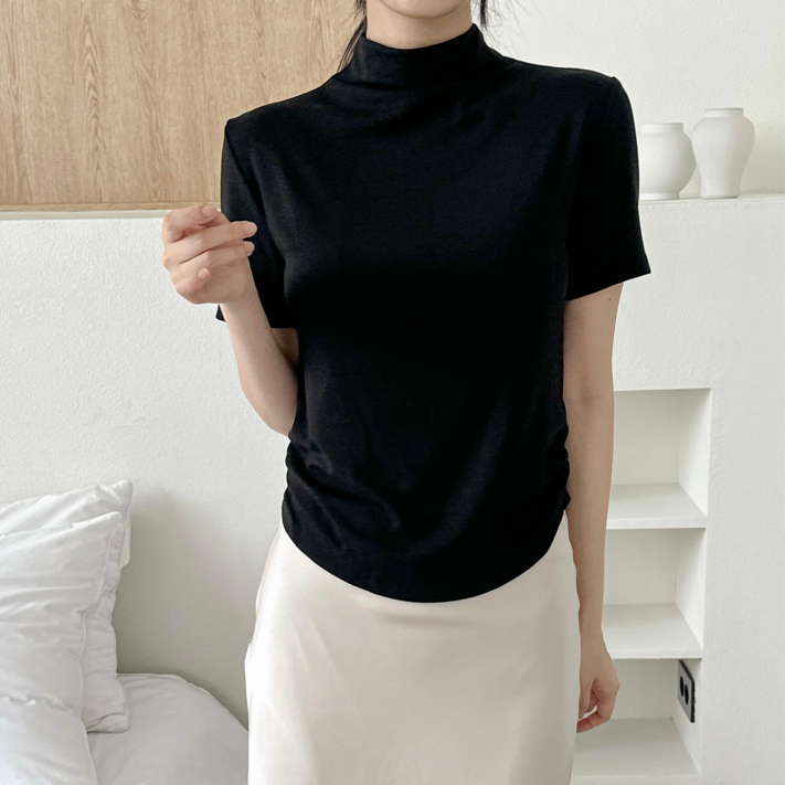 MHJINA 여성 완벽군살커버 소프트 라운드 셔링 하프넥 반목 반팔 티셔츠