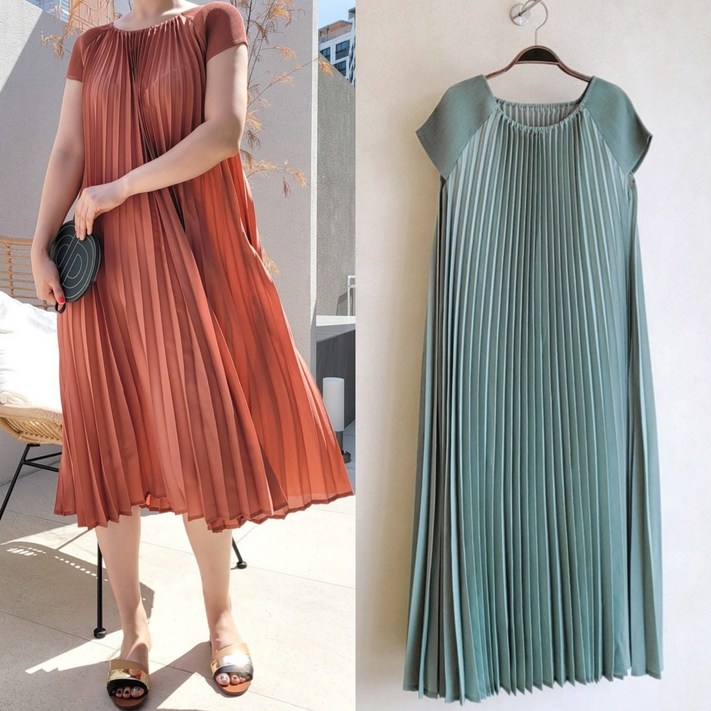 플리츠유 정품 피아노 반팔 플리츠 원피스 주름 마담 와이드 빅사이즈 여름 여성 엄마 선물