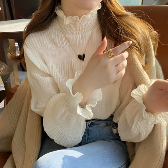 니즈플리 주름있는 이너블라우스 하객룩블라우스 아이보리블라우스 소매프릴블라우스 프릴넥블라우스