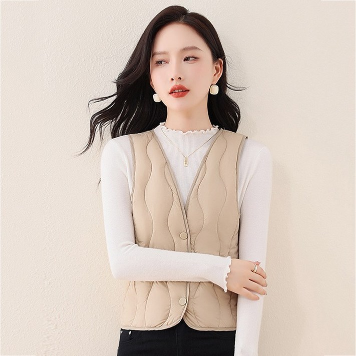 POMTOR 패딩조끼 경량 벨벳 핫 조끼 슬림 쇼트 브이넥 베스트