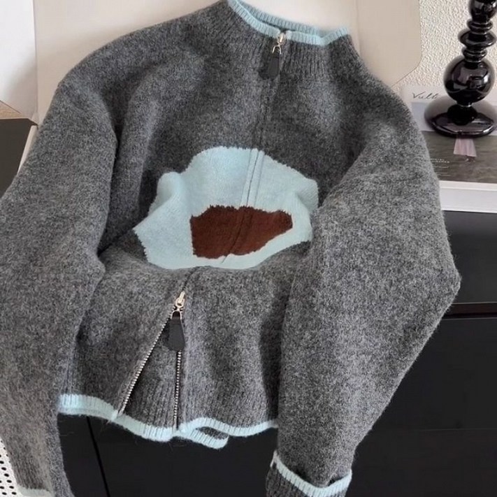 COSYEVNO 남성 니트 카디건 가을 배색 프린팅 루즈핏 심플 하프 집업 긴팔 코트 CXJks31