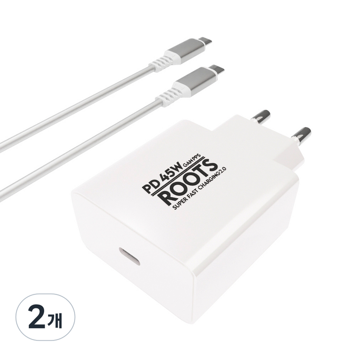 루츠 국내생산 PD 45W GaN PPS C타입 초고속 충전기  C to C 100W 5A E Marker 1.5M 케이블포함, 화이트, 2개