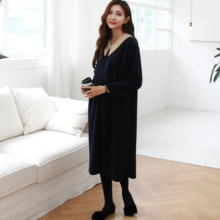 봉봉스토리 밀레배색카라 수유원피스