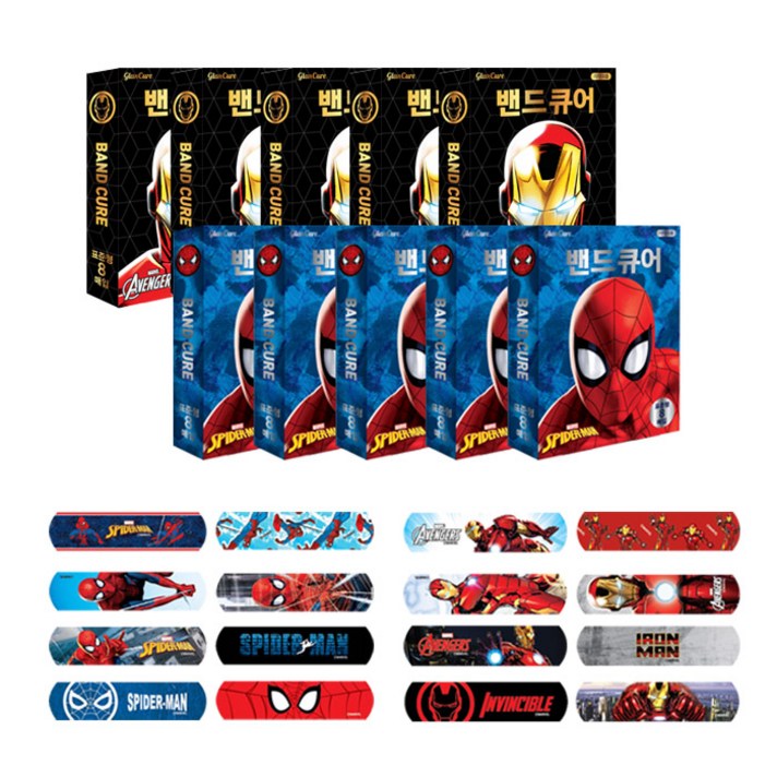 마블 밴드큐어 일회용밴드 아이언맨 5p + 스파이더맨 5p, 1세트
