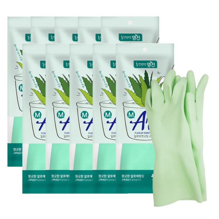 명진 알로에베라 면코팅 고무장갑 M, 민트, 10개