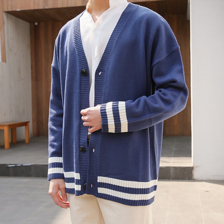 머시따 남성용 오버핏 두줄 배색 니트 가디건