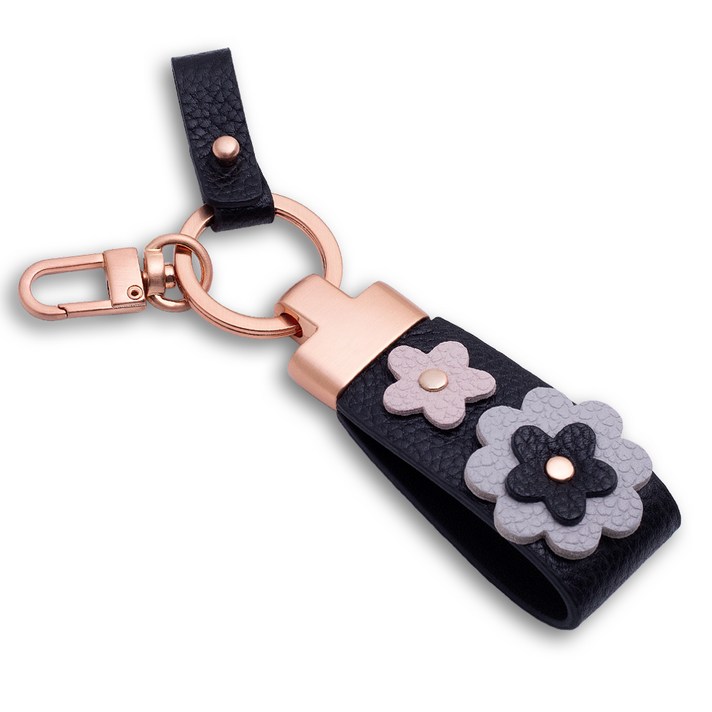무에뜨 소가죽 플라워 자동차 키링, 1개, 블랙
