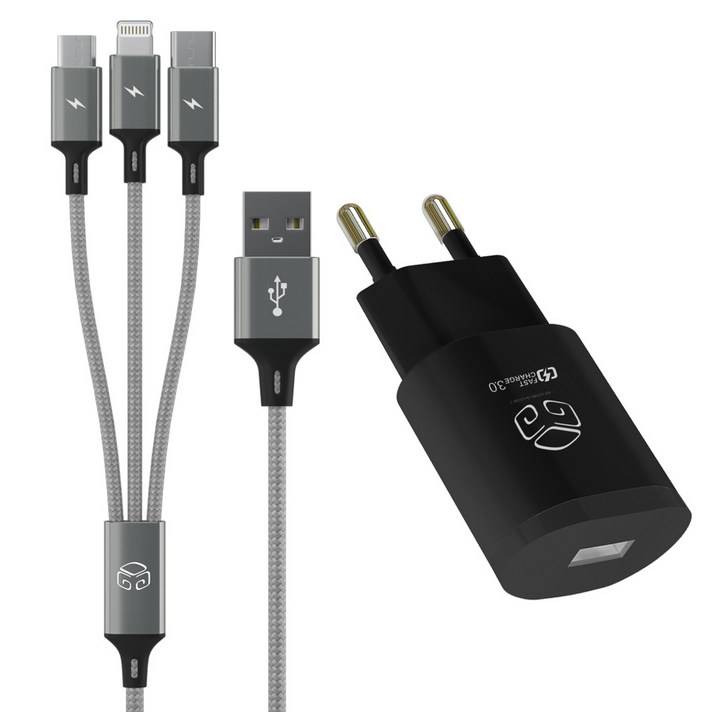 디지지 3 IN 1 스카이 메타 USB 퀼컴 3.0 고속 충전 케이블 18W 120cm, 블랙, 1개