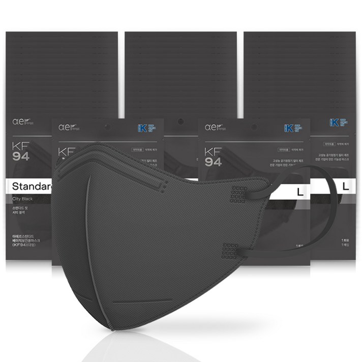 아에르 스탠다드 베이직 보건용 마스크 대형 KF94, 1개입, 50개, 시티 블랙