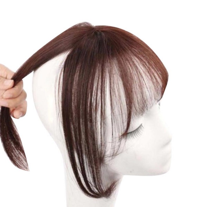 여성용 인모 정수리 두피일체형 앞머리가발 100%, 다크브라운