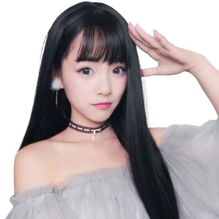 앞머리 있는 긴 생머리 가발, 자연블랙, 1개