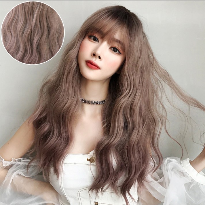 하이유니 네츄럴 웨이브 펌 긴머리 통가발 58cm + 가발망 + 가발거치대 세트, 애쉬핑크, 1개