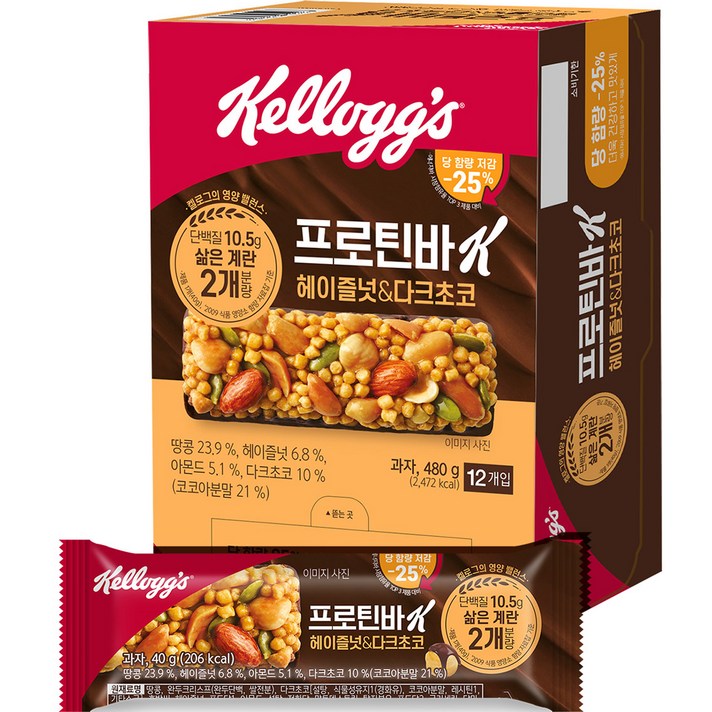  켈로그 프로틴바K 헤이즐넛 & 다크초코 12p, 480g, 1개 