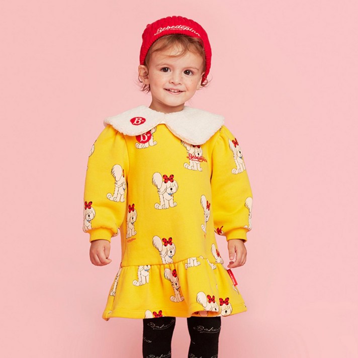 베베드피노 유아용 올 오버 마틴 퍼 칼라 저지 기모 원피스 BP34OD223