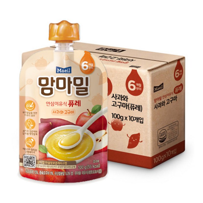 맘마밀 안심 이유식 퓨레 6개월부터, 사과 + 고구마 혼합맛, 10개입