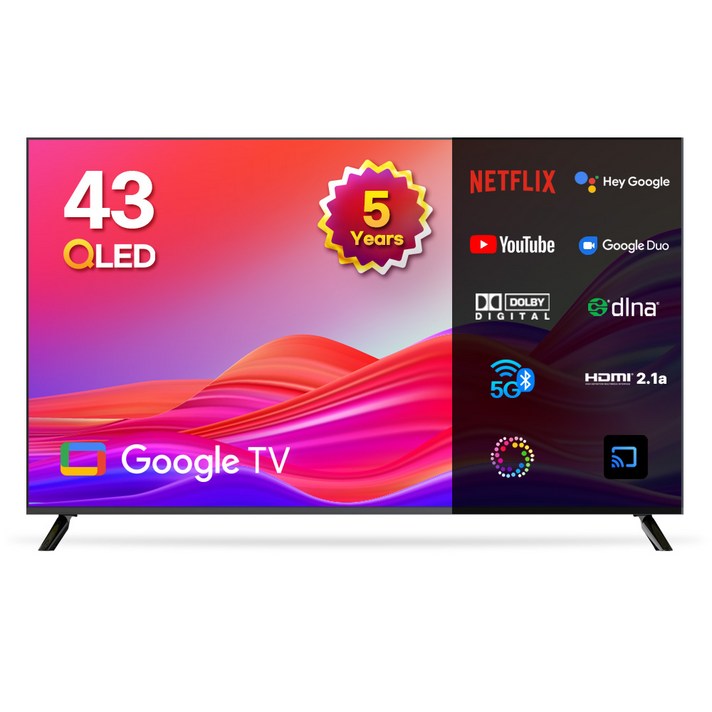 이노스 5년 무상AS 4K UHD QLED 구글 TV 43인치 티비, 고객직접설치, 스탠드형, G43QLED, 108cm(43인치)