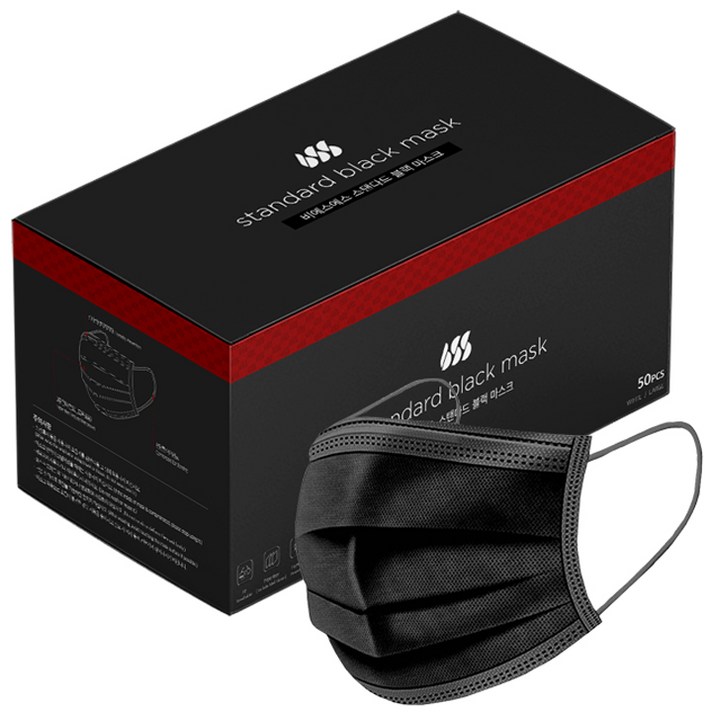 비에스에스 스탠다드 일회용 덴탈 마스크 블랙 성인용, 1개, 50개입