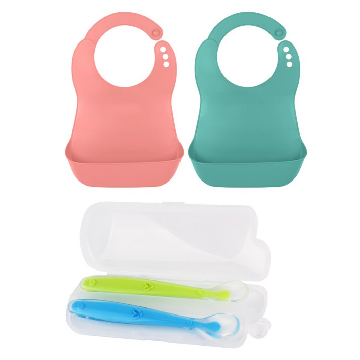 베베락 소프트 이유식 턱받이 2p + 실리콘 피딩스푼 2p, 턱받이(피치핑크, 민트그린), 스푼(블루, 그린), 4개