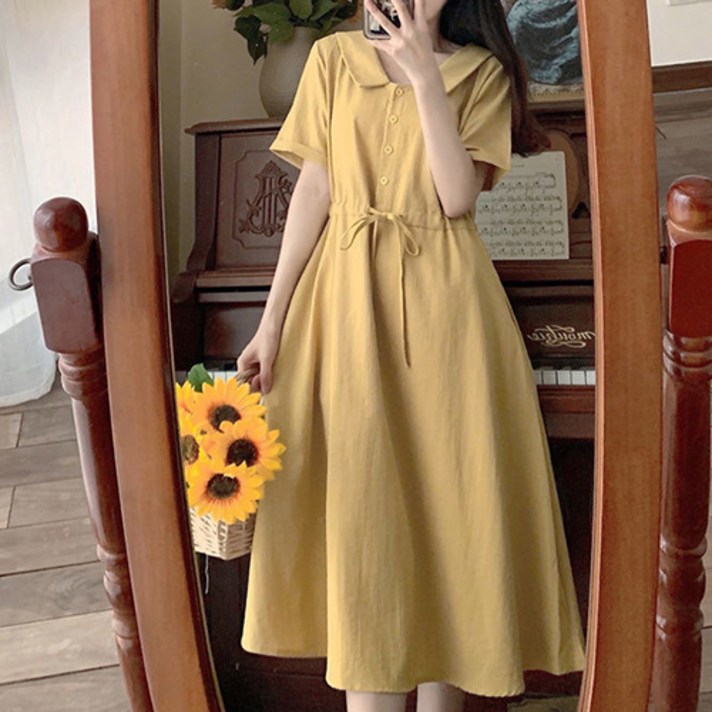 패션나비 심플 카라 임산부 반팔 셔츠스타일 원피스