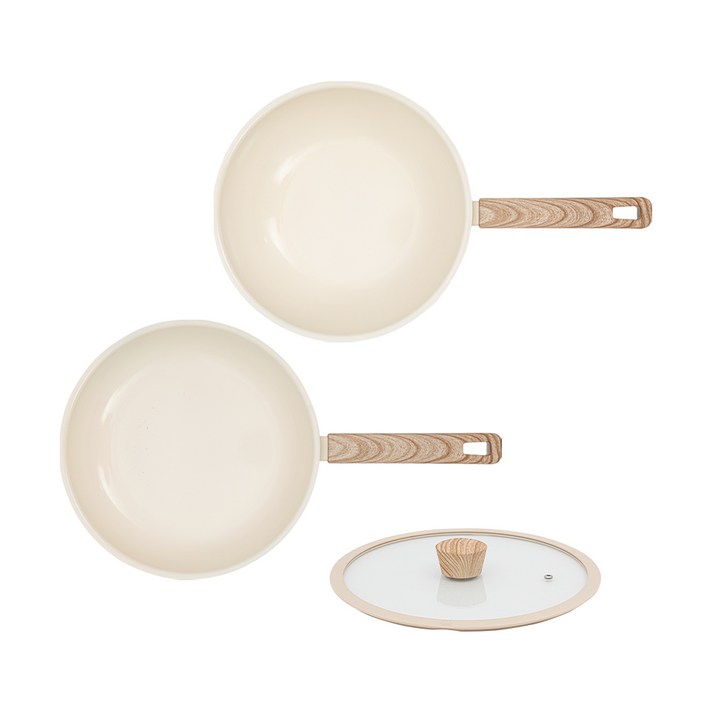 퀸센스 시그니처 IH 후라이팬 3종 세트 3개, 아이보리, 후라이팬 + 궁중팬 + 유리뚜껑