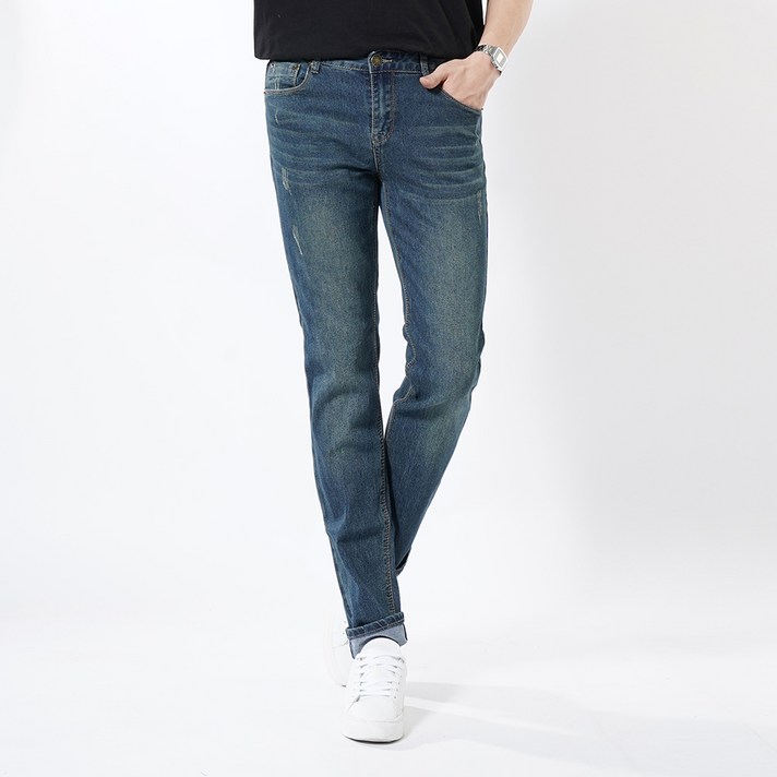 언탭트 남성용 빅사이즈 스판 슬림 워싱 진청 청바지
