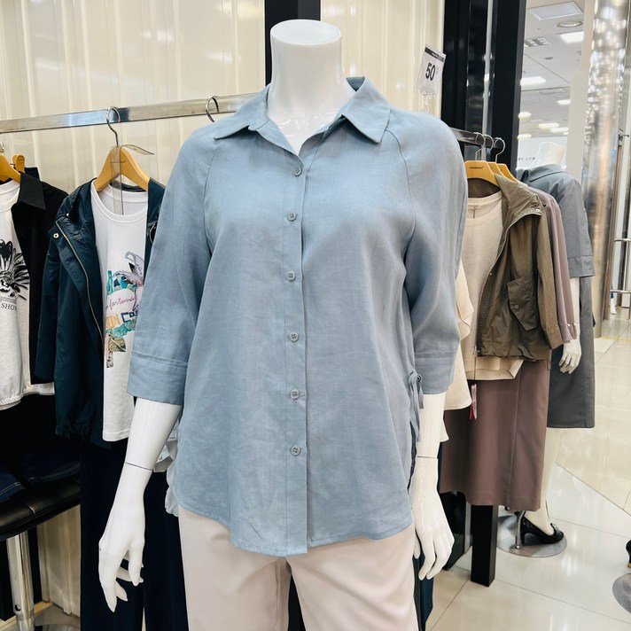 요하넥스 오픈카라 라글란소매 린넨 셔츠스카이블루