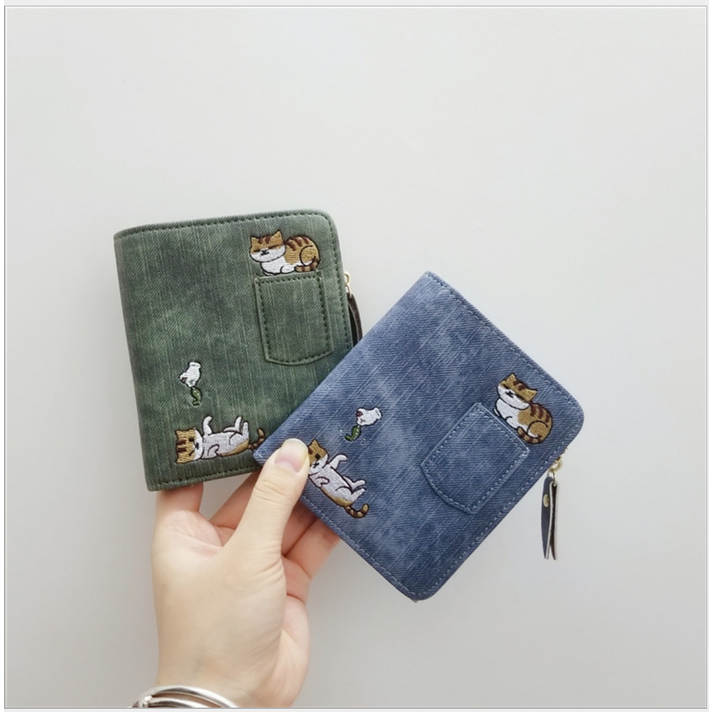 더캣 더캣 고양이자수반지갑 중학생지갑 데님컬러 가죽반지갑 고양이캐릭터 지퍼 반지갑 선물용