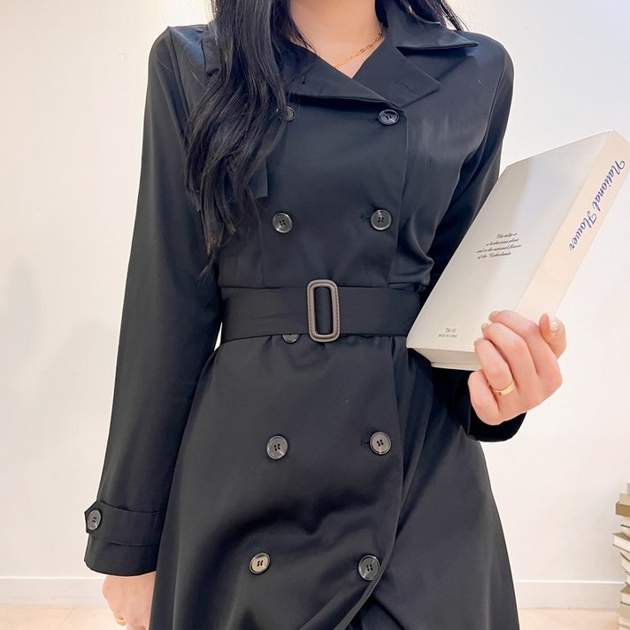 투디 어깨 견장 더블버튼 트렌치 벨트 롱원피스 하객룩, 3컬러