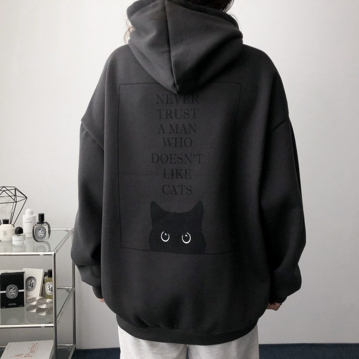 LR 기모선택 국산 오버핏 고양이 프린팅 후드티 남녀공용 빅사이즈