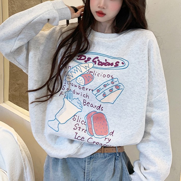 메이킹유 귀욤아방핏 쏘큐트 프린팅 라운드 긴팔 티셔츠 루즈핏 데일리 간절기룩 캐주얼 1674디저트맨투맨